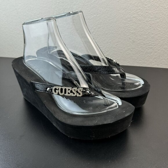 Guess Shoes - Guess Platform Wedge Sandals With Rhinestones & Black Faux Leather Straps 8.5